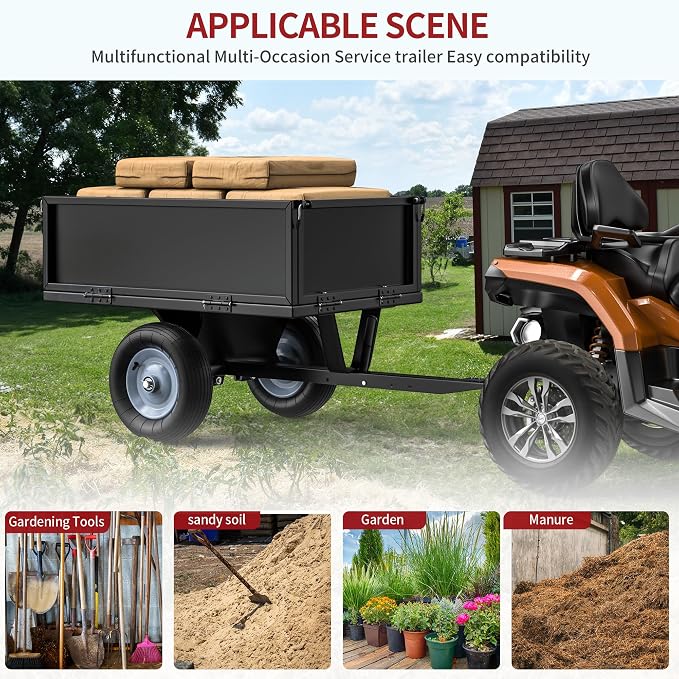 YITAMOTOR 500lbs Heavy Duty ATV Trailer Steel Dump Cart, Tow Behind Utility Dump Trailer with Removable Sides for Riding Lawn Mower Tractor, Black Utility Dump Trailer for Garden & Yard Work