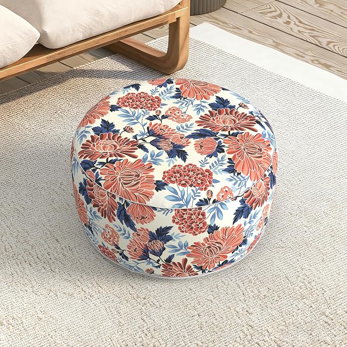 LVTXIII Indoor/Outdoor Large Inflatable Ottoman Pouf D31 x H14 Inch, Round Footstool with Handle, Weather-Resistant Portable Furniture for Patio, Camping, Beach, Vibrant Blossom