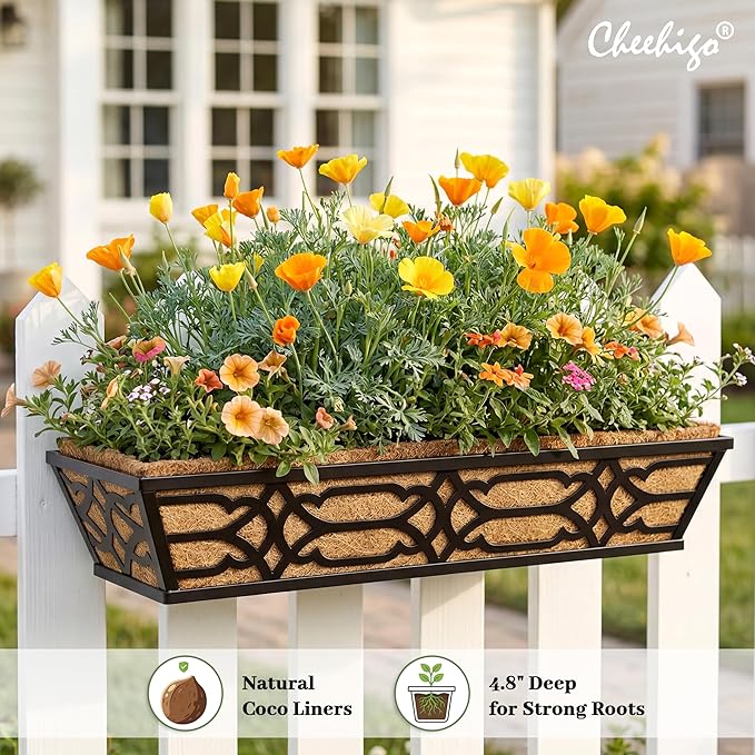 4 Pack 30 Inch Window Boxes Planters with Coco Liner, Large Metal Railing Planter Boxes for Deck, Heavy Duty Hanging Trough for Fence and Front Porch Garden Flower Display
