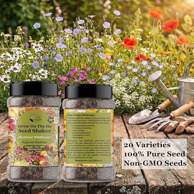 Geva Grow on the Go Seed Shaker - Northwest Wildflower Seeds Regional Mix - Organic, Non-GMO - 100% Pure Seed - 20 Different Wildflowers Seeds of Annual and Perennial, 2oz