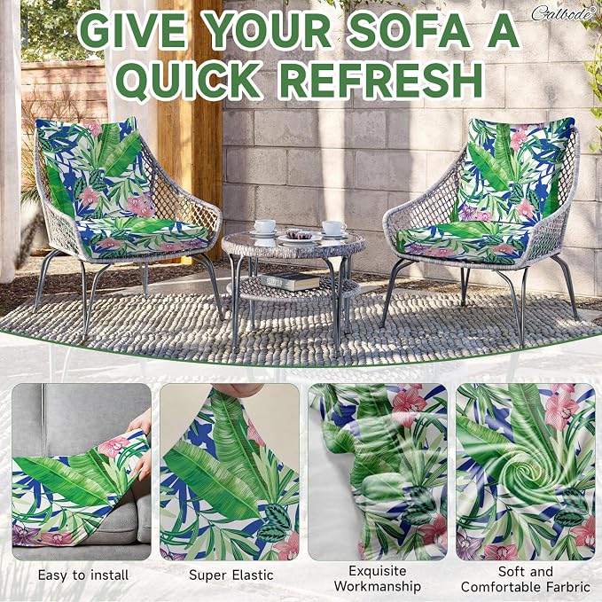 CALBODE 14 Pcs Outdoor Seat Cushion Covers, Stretch Chair Seat Cover for Patio Furniture Cushions Washable Reusable Indoor/Outdoor Couch Cover Replacement (Tropical Plant, Cover Only)