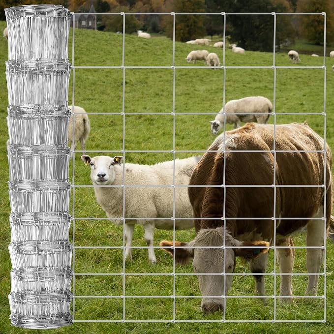Farm Fence 4FT x 164FT, Galvanized Cattle Fence | Heavy Zinc Coating Wire Fencing, 14GA Livestock Fence, Goat Fence, Hog Wire Fencing Perfect for Livestock, Animals Protection