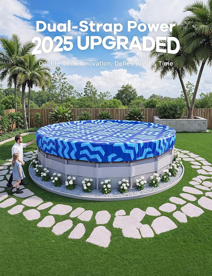 POOLHACKER【2025 Upgrade】 30 ft Winter Pool Cover - 30ft Round Above Ground, 4 Foot Overlap Extra Thick 420D Pool Cover with Pulley and Cable (Cerulean)