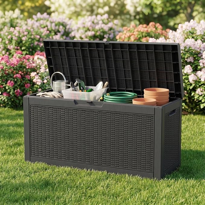 60 Gallon Deck Box, Waterproof Resin Outdoor Storage Box Lockable for Patio Furniture, Fade Resistant Patio Side Table & Organizer for Garden Tools, Pool Floats, Outdoor Cushions, Black