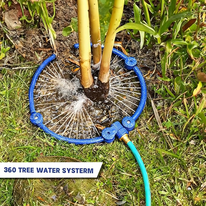 4 Pcs 360° Tree Water System Tree Root Watering Ring 13 Inch Circle Sprinkler Irrigation Slow Release Targeted Water with Y Hose Splitter for New Tree Outdoor Plants Raised Garden Beds (Blue, Small)