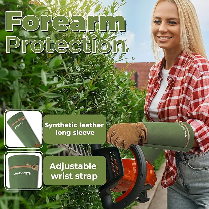 HANDLANDY Long Gardening Gloves for Men & Women, Pigskin Leather Rose Pruning Gloves, Breathable Thorn Proof Gauntlet Glove (Moss Green, L)