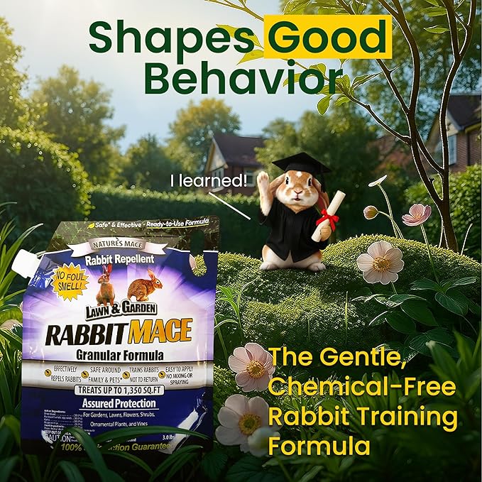 Nature's MACE Rabbit MACE Granules, Rabbit Repellent for Gardens, Lawns, Farms & Landscapes, Treats 1,350 sq ft, Granular Deterrent, 3 Pounds, All-Season Use, Safe for Pets, Children, and Plants