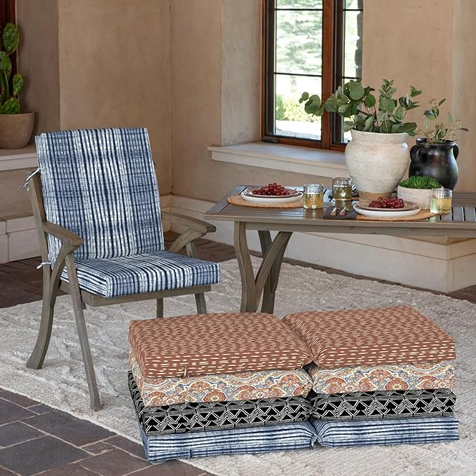 Arden 2-Pack Outdoor Patio Dining Chair Cushion, 20x44, Rain-Proof Seat Pad, Fade-Resistant Outdoor Cushion Blue Shibori Stripe
