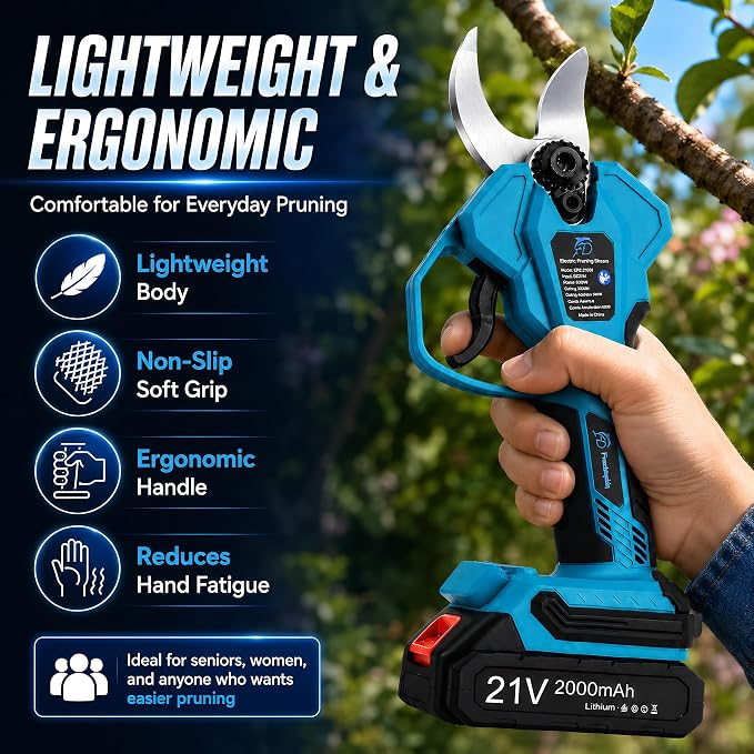 600W Electric Pruning Shears Cordless, 1.2In Brushless Battery Powered Pruner with 2 Rechargeable 2000mAh Batteries, SK5 Steel Blade Tree Branch Cutter for Garden, Orchard & Vineyard