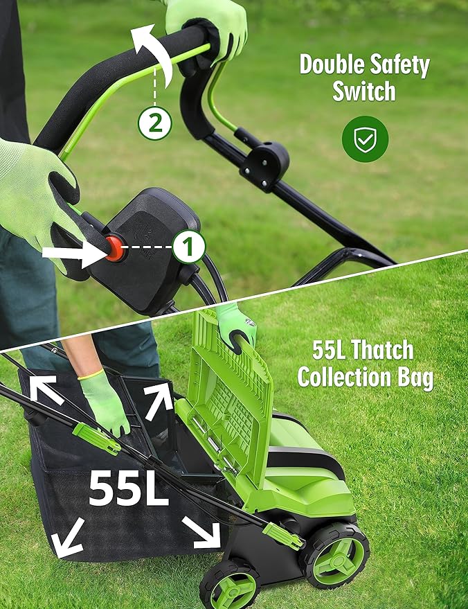 Electric Dethatcher Scarifier, 16-Inch 15 Amp Lawn Dethatcher with 5-Position Depth Adjustment, 14.5 Gal Removable Thatch Collection Bag, Quick-Fold, Keeps Lawn Health