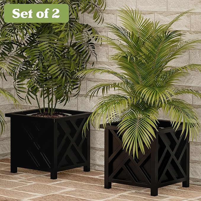 Lattice Design Planter Box 2-Pack – 14.75-Inch Decorative Outdoor Flower or Plant Pots – Front Porch, Patio, and Garden Decor by Pure Garden (Black)