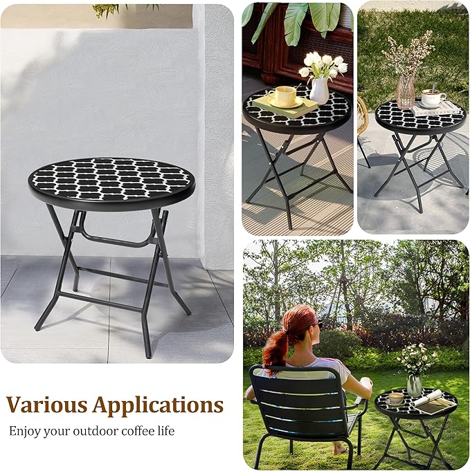 Foldable Patio Side Tables, 17.7" Small End Table Outdoor Weatherproof, Round Glass Top Outside Folding Table for Poolside, Balcony, Yard, Porch（Black and White Stripe）