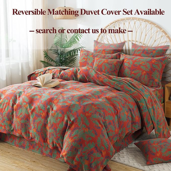FADFAY Floral Sheets Set Queen Vintage Red Green Floral Bedding Shabby Maple Leaf Farmhouse Bedding Super Soft Washed Double -Layer Muslin Sheets 100% Cotton Deep Pocket Fitted Sheet 4Pcs, Queen Size