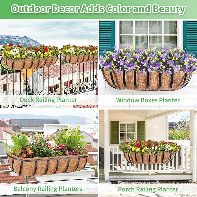 Legigo 2 Pack 24 Inch Window Boxes Railing Planter Box with Coconut Liner, Balcony Railing Planter Horse Trough Deck Window Planters, Metal Railing Hanging Flower Baskets for Outdoor Porch Fence Patio
