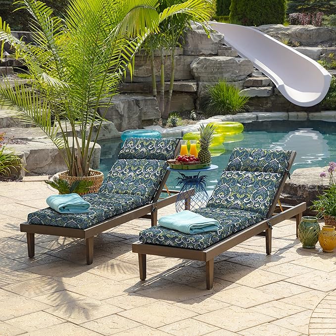 Arden Outdoor Chaise Cushion, 22 x 77, Rain-Proof, Fade Resistant Sapphire Aurora Blue Damask