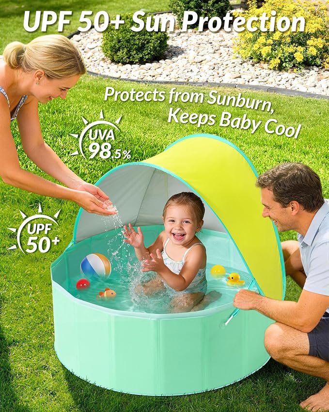 Hikiddy Foldable Kiddie Pool with Canopy: 31.5in/ 47in /63in for Baby Toddler Kids Family - Summer Water Play Pool with Shade - Portable for Outdoor Backyard Beach (Lemon & Mint, 31.5in)