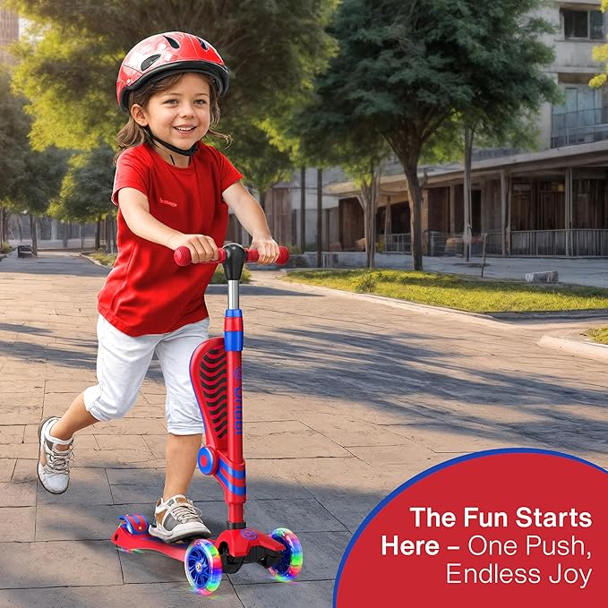 Red and Blue 3 Wheel Scooter with Seat for Kids, Light-Up Wheels, Adjustable Lean to Steer Handlebar and Seat, Smooth Wheels, Wide No-Slip Deck, Rear Foot Brake, Toddler Outdoor Toys for Ages 2+