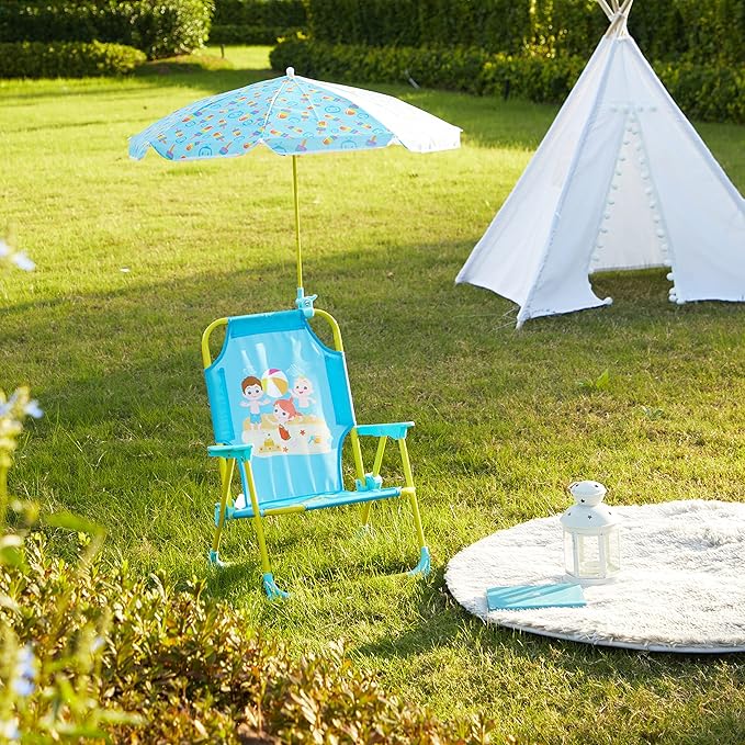 CoComelon Kids Folding Beach Chair with Umbrella – Outdoor Portable Chair for Ages 3+, Lightweight with Safety Lock, Perfect for Beach, Park, or Backyard