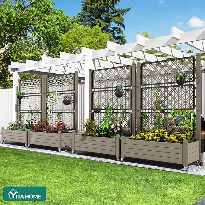YITAHOME 43.3x17.7x61 in Planter Boxes Outdoor with Trellis, Resin Raised Garden Bed with Wheels & Drain Plug for Climbing Plants, Weather-Resistant Design Elevated Garden Bed with Trellis, Brown