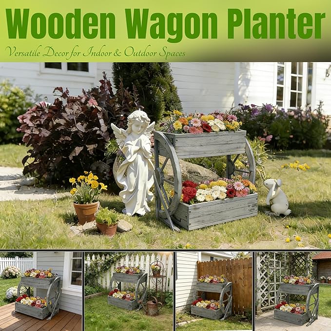 2 Tier Medium Wooden Wagon Planter Box|Outdoor Planter/Flower Pot for Indoor&Outdoor Plants-Rustic Garden Planter for Patio,Porch&Garden Decor-Raised Garden Bed for Succulents,Herbs,Vegetables
