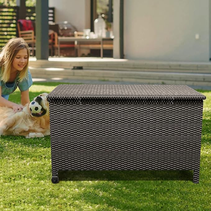 185 Gallon Outdoor Deck Box,Large Storage Bins with Lid, 2 Wheels and Handles, Patio Outdoor Bench with Storage, PE Rattan Wicker Box for Store Garden Tools, Patio Furniture Cushions, Pool Supplies