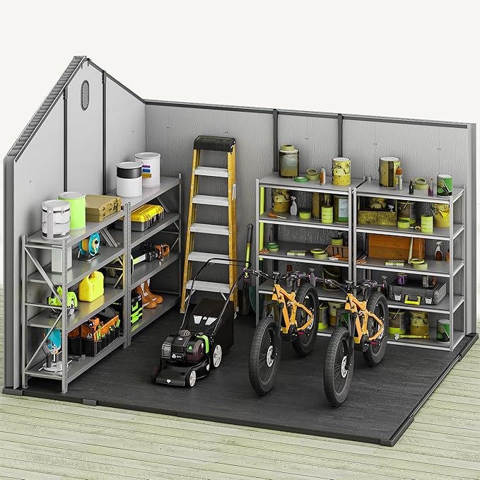 DWVO 8x10 FT Outdoor Storage Shed, 544 cuft Large Plastic Storage Shed with Floor & Lockable Door, Outside Tool Garden Shed with Windows & Vents for Patio Furniture/Lawn Mower, Black&Gray