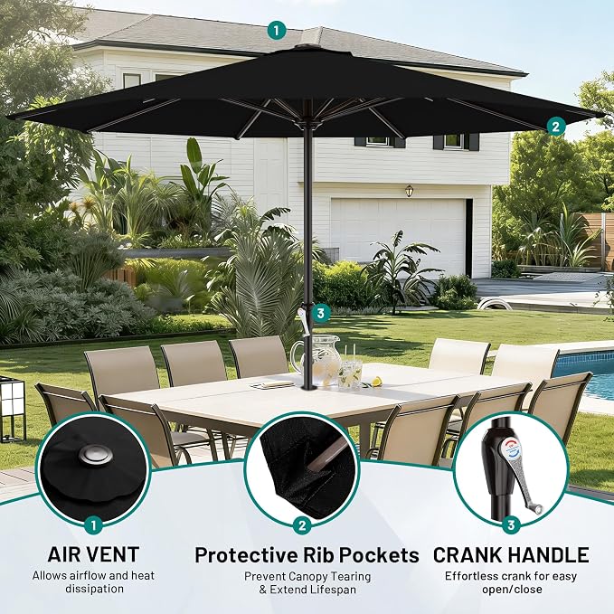 AreShark 12 FT Patio Umbrella for Outdoor, Outdoor Table Umbrella with Push Button Tilt and Crank, Outdoor Patio Umbrellas with 8 Sturdy Ribs, Patio Umbrellas for Market, Garden, Pool (Black)