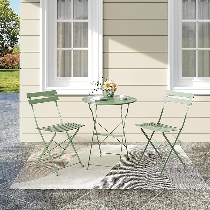 Bistro Table and Chairs Set of 2, 3 Piece Outdoor/Indoor Folding Patio Bistro Sets, 2 Chair Patio Furniture Set with Table, Premium Frame Foldable Coffee Tables for Balcony, Yard, Garden, Green