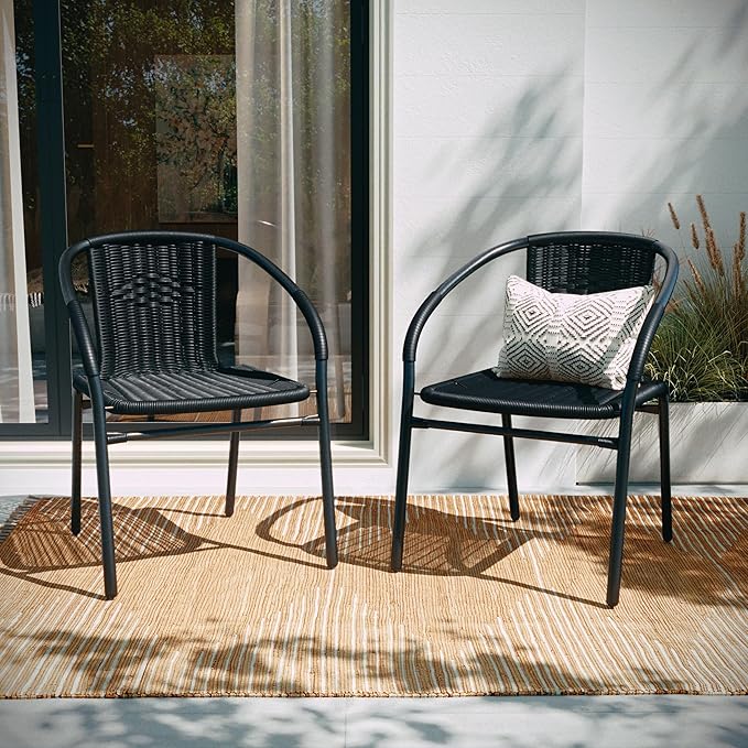 Flash Furniture Modern Rattan Indoor/Outdoor Restaurant Dining Chairs, Stackable Rattan Bistro Chairs for Patio or Restaurant, Set of 2, Black