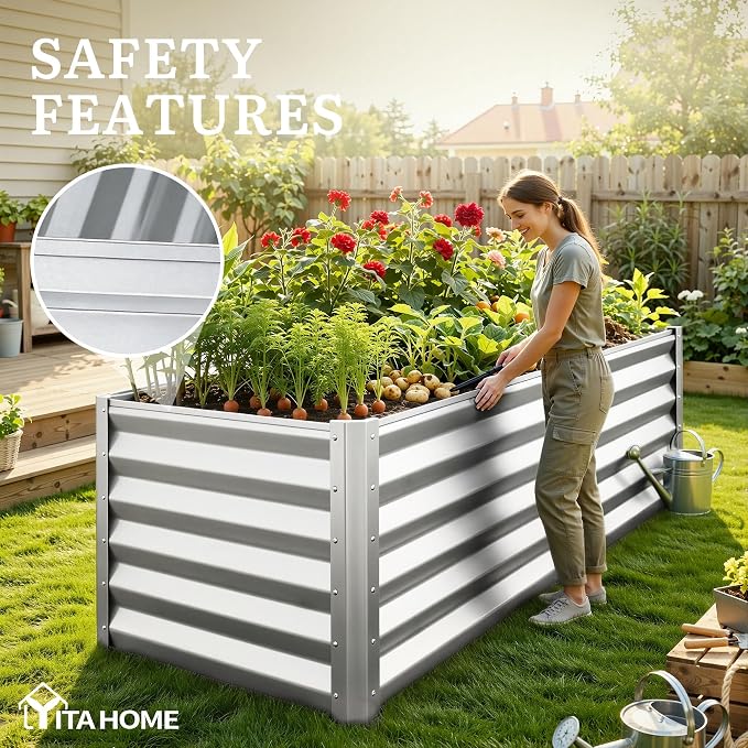 YITAHOME 6x3x3ft Large Raised Garden Bed Kit, Galvanized Metal Planter Box with Gloves, Support Rod, Outdoor Above Ground Planters for Plants Vegetables Flowers, Silver Gray