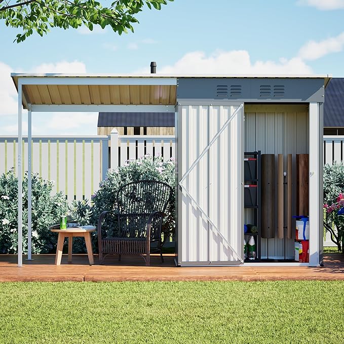 YOPTO 5×3 FT Outdoor Storage Shed & Gazebo Combo,Lean to Metal Tool Shed with Open Pergola,All-Weather 2-in-1 Garden Shed & Gazebo W/Sloping Roof and Lockable Door,for Backyard,Patio,Lawn(Gray)