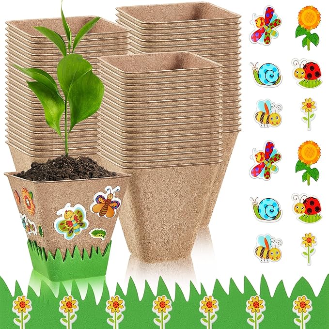 Gueevin 50 Pack Garden Paper Pot Craft Kit Flower Plant Spring Craft Including Peat Plant Pots Adhesive Foam Stickers Pot Stickers EVA Grass for Adults DIY Flower Planting Growing, Square