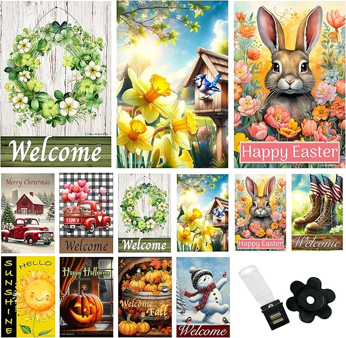 Seasonal Garden Flags Set of 10 for Outside, Yard Flags 12x18 inch Double Sided, Outdoor Small Garden Spring Summer with Anti-Wind Clip and Stopper, Holiday Lawn Decorative Decor Fall