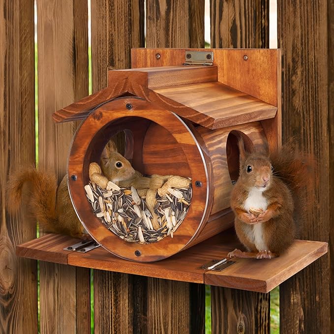 MIXUMON Wood Squirrel Feeder, Squirrel Feeders for Outside Winter, Wooden Chipmunk Feeder for Corn, Peanuts, Durable Box Easy to Fill with The Roof Can Be Opened