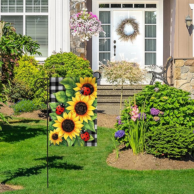Morigins Spring Garden Flag Double Sided Ladybug Sunflower Flower Buffalo Plaid Farmhouse Yard Flag Summer Seasonal 12.5×18 inch