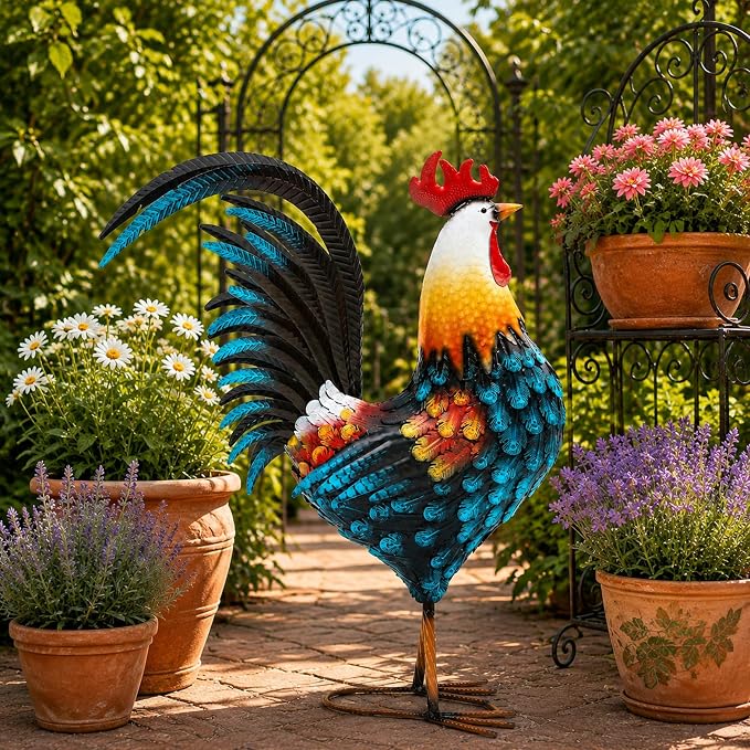 32" Metal Rooster Yard Decor, Large Outdoor Garden Statue | Outdoor Chicken Sculpture, 3D Hand-Painted, Rustic Farmhouse Style, Weather Resistant Iron, Backyard Patio Lawn Garden