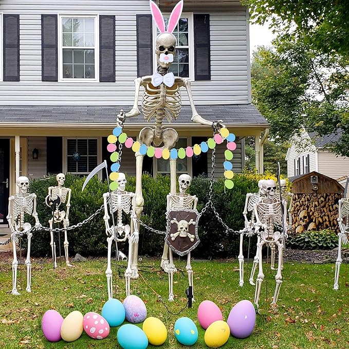 Suzile 4 Pcs 12 ft Skeleton Easter Bunny Accessories Extra Large Easter Headband Bunny Nose Bowtie Decoration Egg Garland for 12 ft Skeleton Outfit Garden Lawn Spring Outdoor Decor