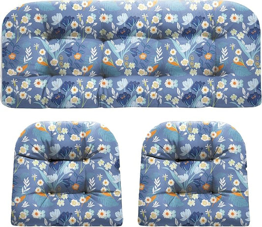DANGHOOGY Wicker Chair Cushions, Waterproof Outdoor Loveseat Cushions for Patio Furniture, Tufted Wicker Furniture Cushions, 1 Loveseat and 2 U-Shaped Cushions (Blue Floral)