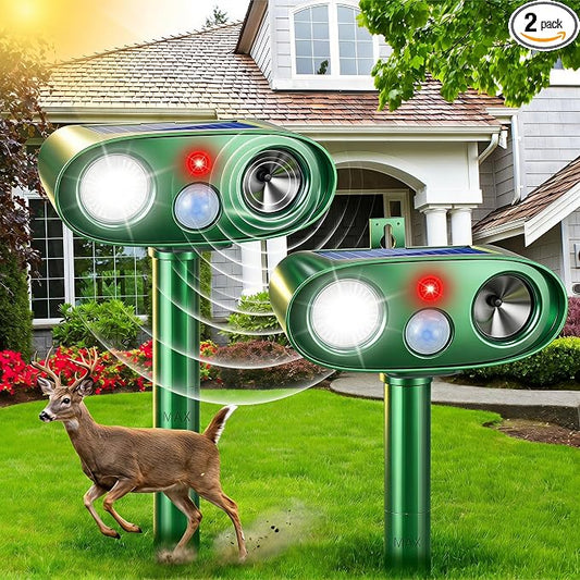 2Pack Upgraded Ultrasonic Deer Repellent for Plants Solar Animal Repellent Outdoor with Motion Sensor Strobe Light for Rabbit Cat Deterrent Raccoon Squirrel Fortress Pro Keep Pests Out of Yard Farm