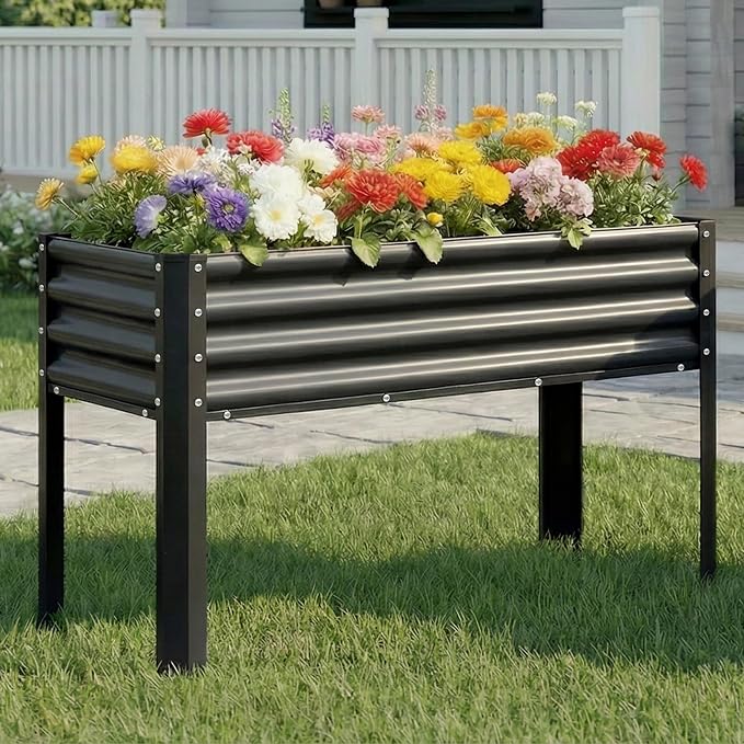 2Pcs Galvanized Raised Garden Bed with Legs, 43×24×32in Large Metal Elevated Raised Planter Box with Drainage Holes for Backyard, Patio, Balcony, 400lb Capacity,Black