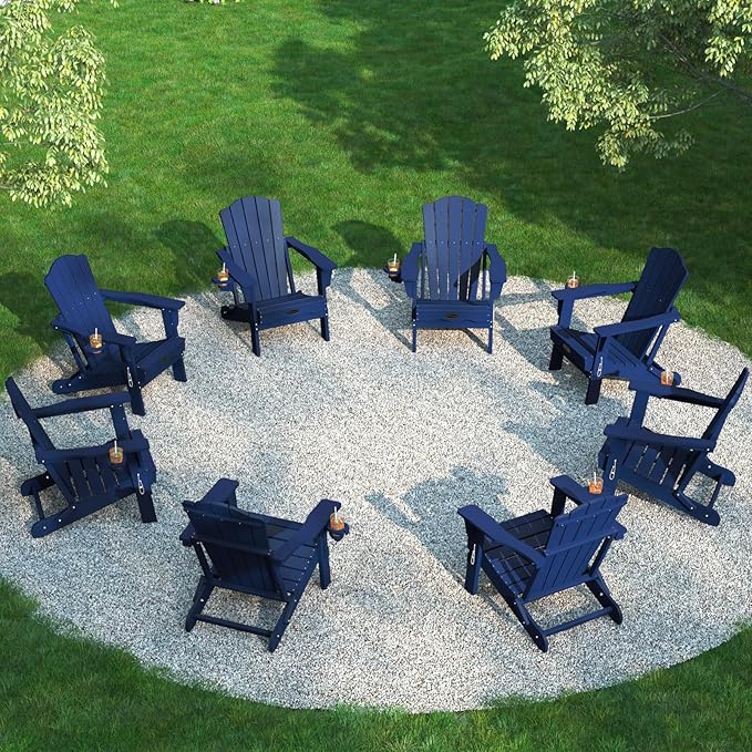THOEOE Folding Adirondack Chair Set of 8, HDPE All-Weather Outdoor Chair with Cup Holder, Wooden Textured, Fire Pit Chair, Plastic Patio Chair for Deck, Backyard, Garden, Lawn, Navy Blue