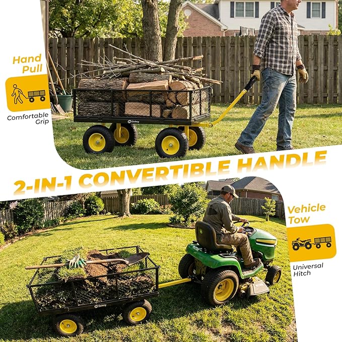 Sekey 1400lbs Heavy Duty Steel Garden Cart for Farm & Construction, 7.7 Cu.Ft. Extra-Large Utility Wagon with Removable Sides, 2-in-1 Towable Handle, 13" Rubber Tires, Black