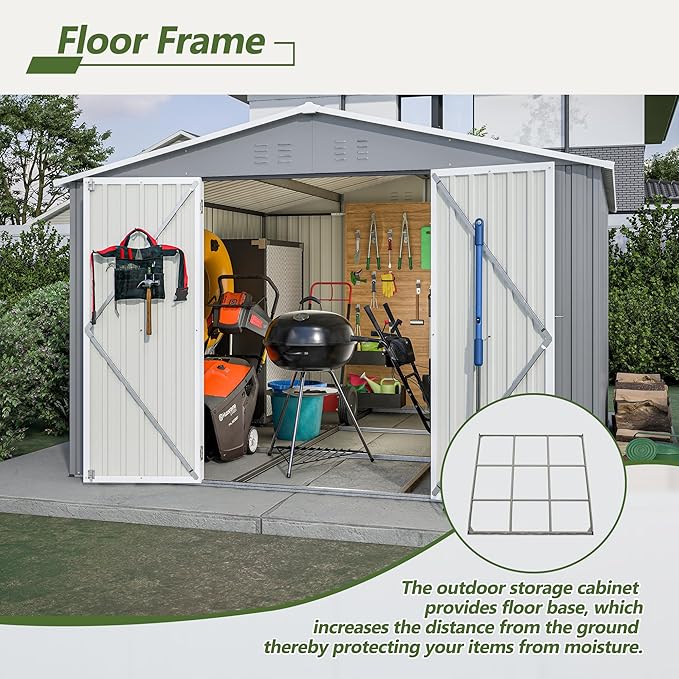 YOPTO 10×10 FT Outdoor Storage Shed,Metal Aluminum Waterproof Tool Sheds with Foundation,Doors & Vents,Heavy-Duty Sheds Unit W/Lock & Key,for Storing Bicycles,Lawnmowers,Barbeques,Gray