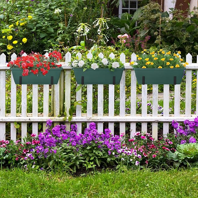 4 Pack Railing Planter Box Window Boxes Planters, 17'' Rectangular Deck Railing Planter Balcony Hanging Planters with Adjustable Flower Box Brackets for Fence Outdoor Patio Porch