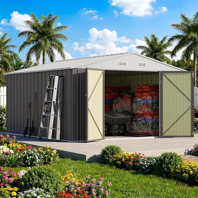 Greesum 10x12FT Outdoor Storage Shed, Utility Tool Shed with Sloping Roof, Metal Storaged Garden Shed with Door & Lock for Patio Storage, Gray