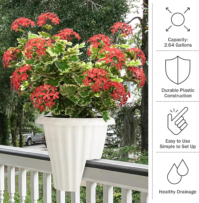 Railing Planter Box 2-Pack - 13.5-Inch Round Outdoor Flower Pots with Drainage Inserts - 2.64-Gallon Outdoor Planters for Porch, Deck, Fence, or Balcony Railings 3” - 3.75” Wide by Pure Garden (White)