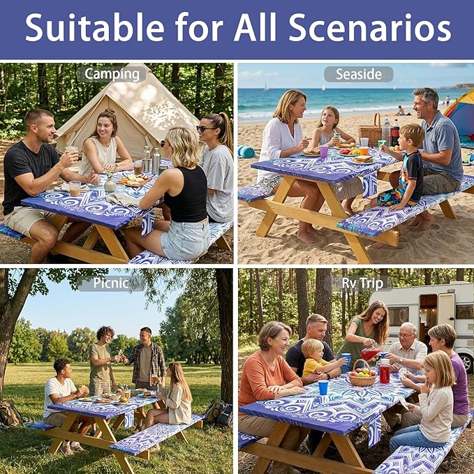 Fitted Waterproof Picnic Table Cover with Bench Covers Elastic Stain Resistant Camping Table clothes for 6Feet Rectangle Tables Outside Parties Necessities Gift Travel Trailers Trips Rv Things