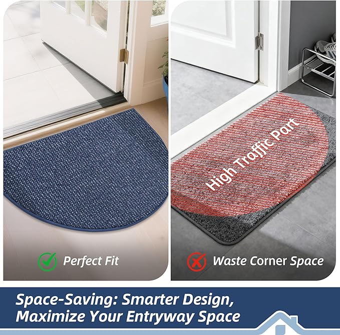 BEQHAUSE Dirt Trapper Door Mat 32" x 48" Half Circle Non-Slip Washable Doormats Entrance Rugs Absorbent Welcome Low Profile Floor Mats for Front Back Door and Entryway, Blue