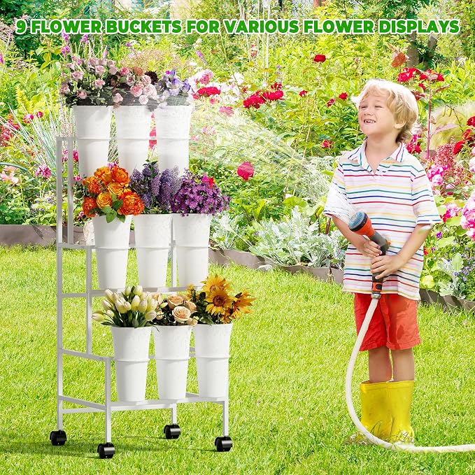 Flower Display Stand with 9 Buckets, 3 Tier Metal Flower Cart Display Stand with Wheels, Flower Bar Stand for Garden Flower Shop Indoor Outdoor Wedding Party Decor, White