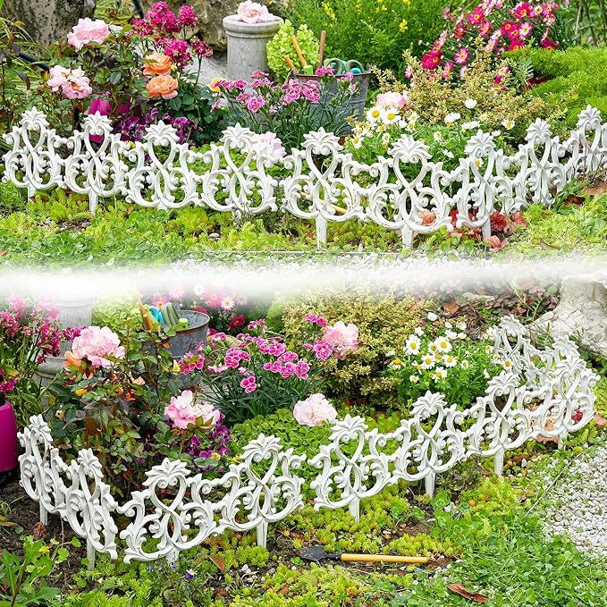 Sungmor Decorative Cast Iron Garden Edging,4 Pack Vintage Garden Border Fence for Lawn, Flower Beds and Patio,Heavy Duty Rustic Ornate Metal Fences,White Finish